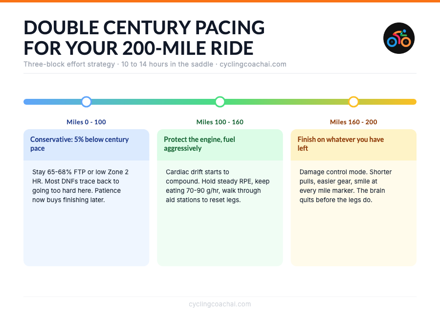 200-mile double century pacing strategy: miles 0-100 at conservative effort 5% below century pace, miles 100-160 protect the engine and fuel aggressively, miles 160-200 finish strong on whatever reserves remain