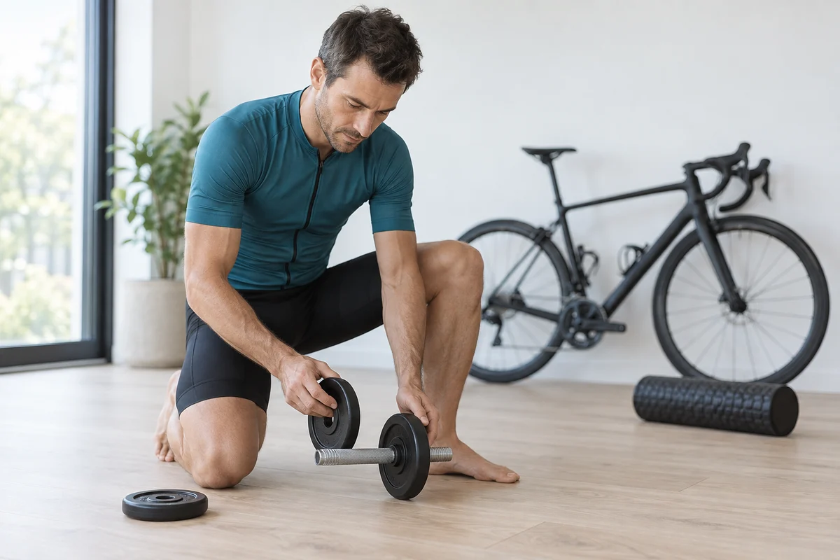 Cyclist adding a weight plate to a dumbbell, applying progressive overload