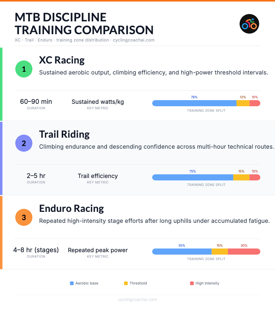 MTB discipline training comparison: XC, Trail, and Enduro training zone split and key metrics