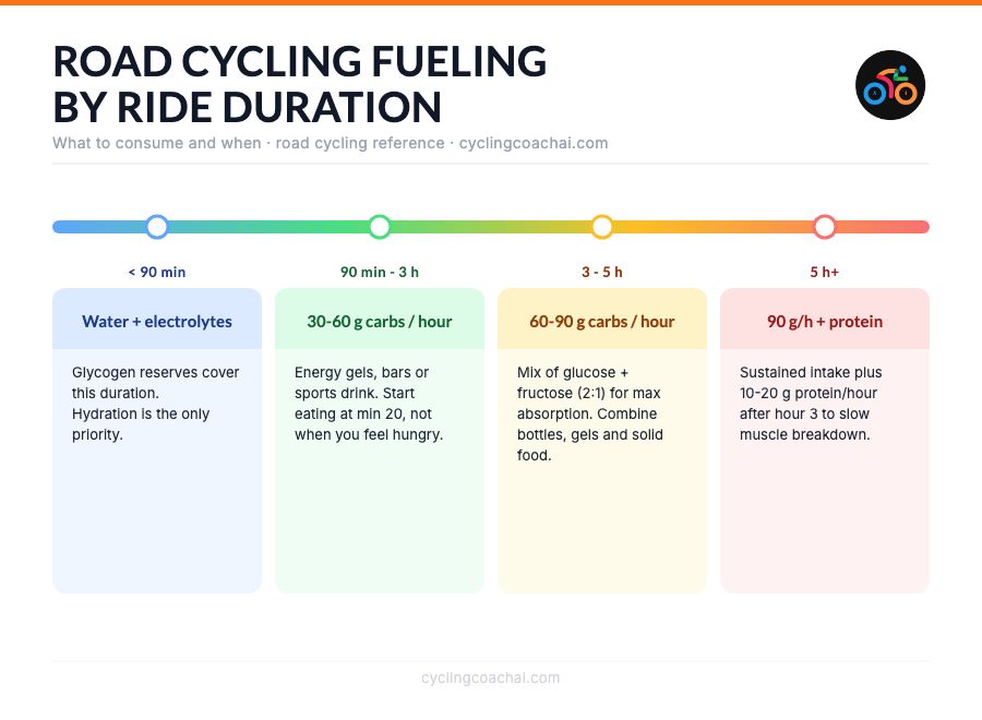 Road cycling fueling timeline: under 90 min water+electrolytes, 90 min-3h 30-60g carbs/h, 3-5h 60-90g carbs/h, 5h+ 90g/h plus protein.