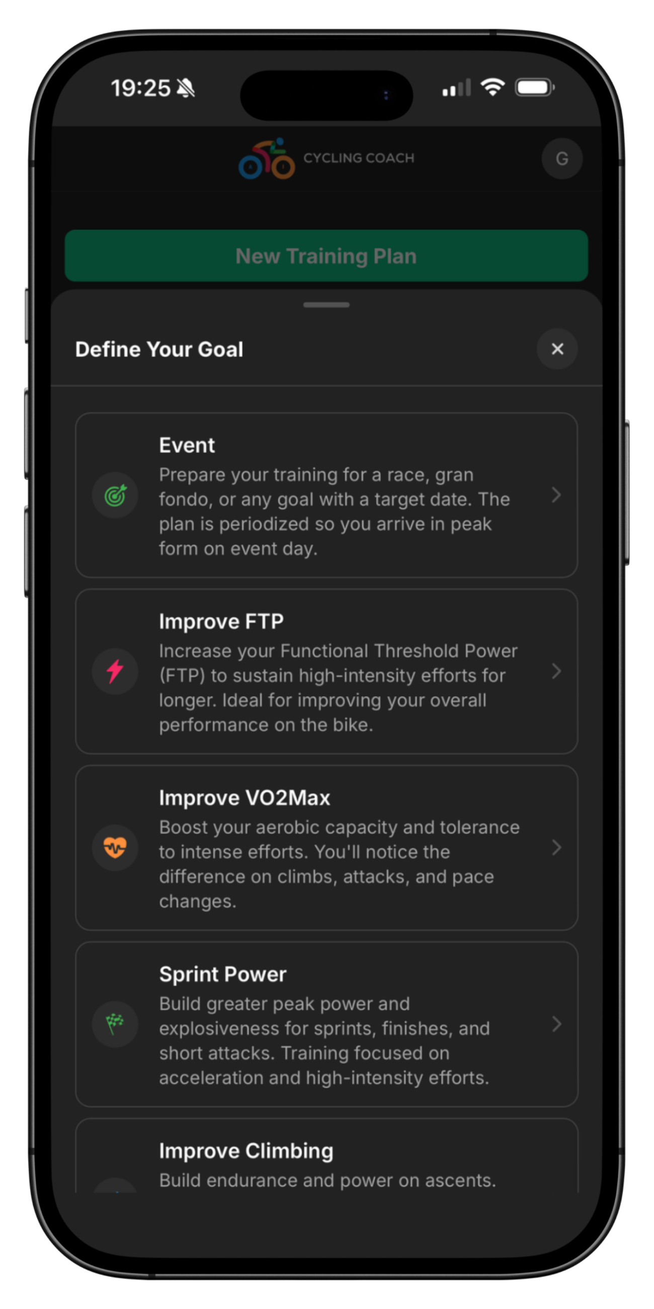 Create Training Plan iOS app screenshot